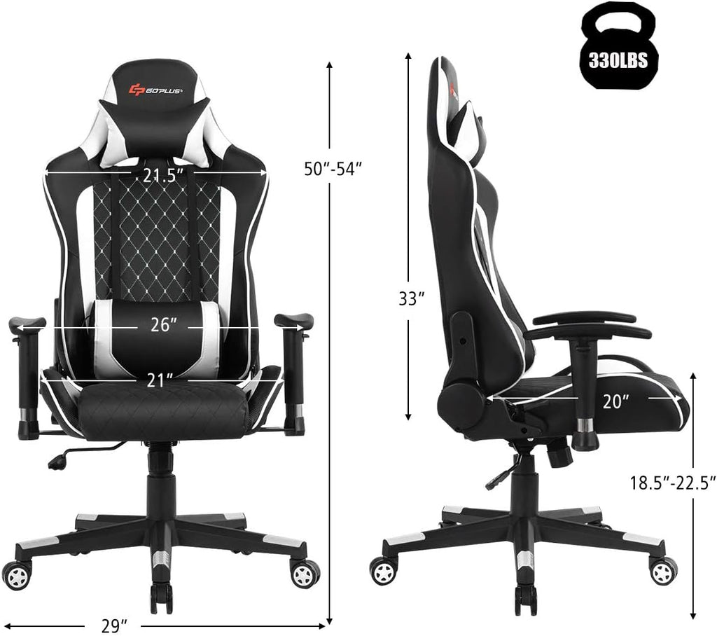 POWERSTONE Gaming Chair, Gaming Recliner with Adjustable Armrest Massage Lumbar Pillow Wide Cushion Ergonomic Office Computer Chair for Adults, White