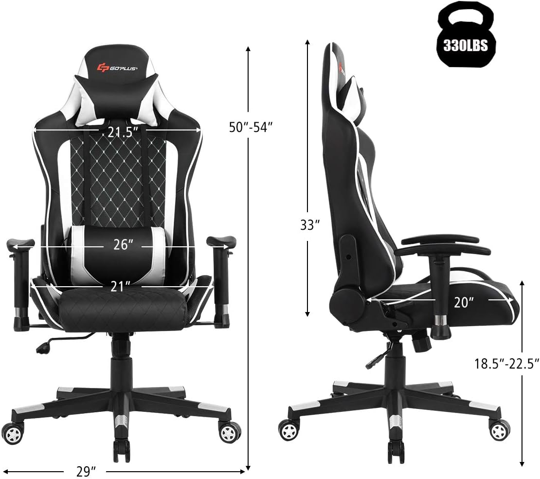 POWERSTONE Gaming Chair, Gaming Recliner with Adjustable Armrest Massage Lumbar Pillow Wide Cushion Ergonomic Office Computer Chair for Adults, White