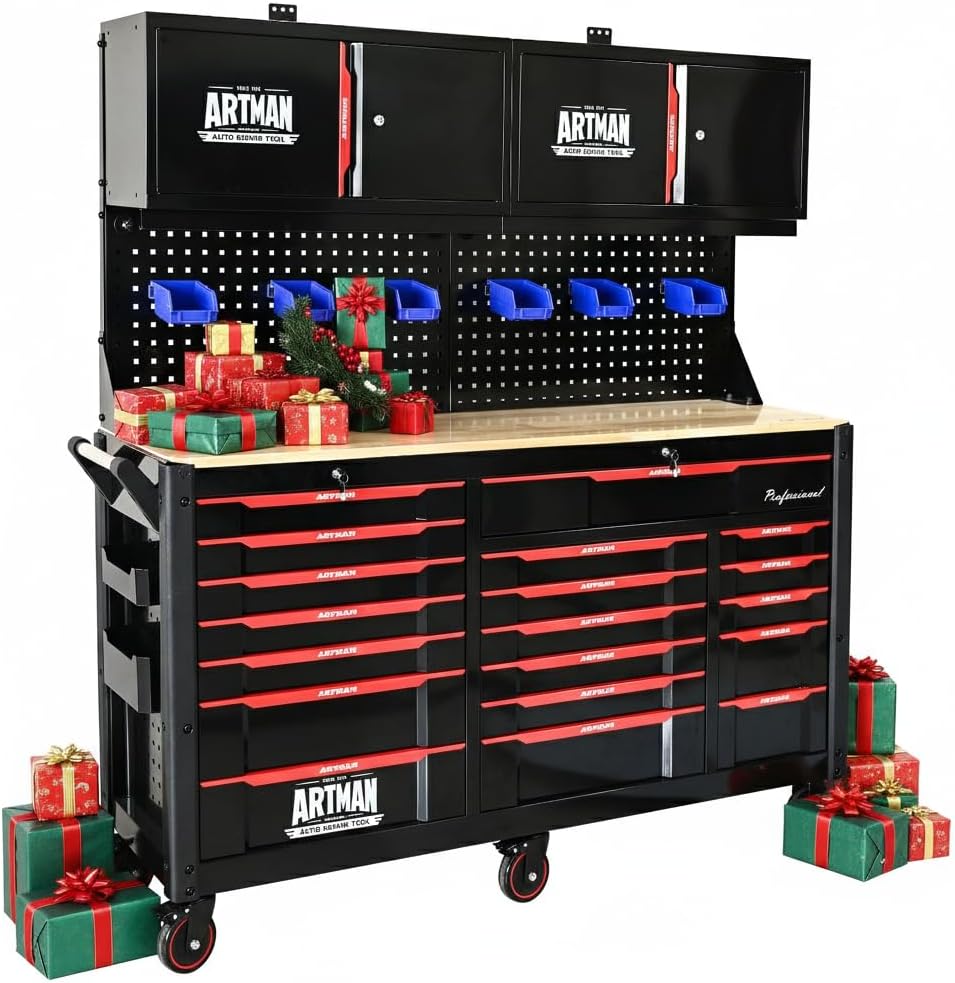72 Inch Tool Box, Rolling Tool Chest Workbench with 19-Drawers & Locking Cabinets, Heavy-Duty Mobile Workbench with Wood Top, Pro Garage Organization Cabinets & Storage System