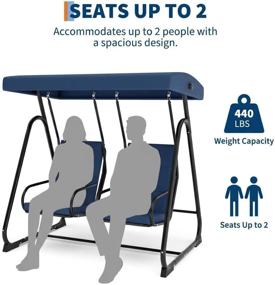 GarveeLife 2 Person Porch Swing Chair, Heavy Duty Outdoor Patio Swing Glider with Adjustable Canopy & Removable Cushions, Independent Swing Chairs for Garden, Balcony, Poolside, Backyard, Dark Blue
