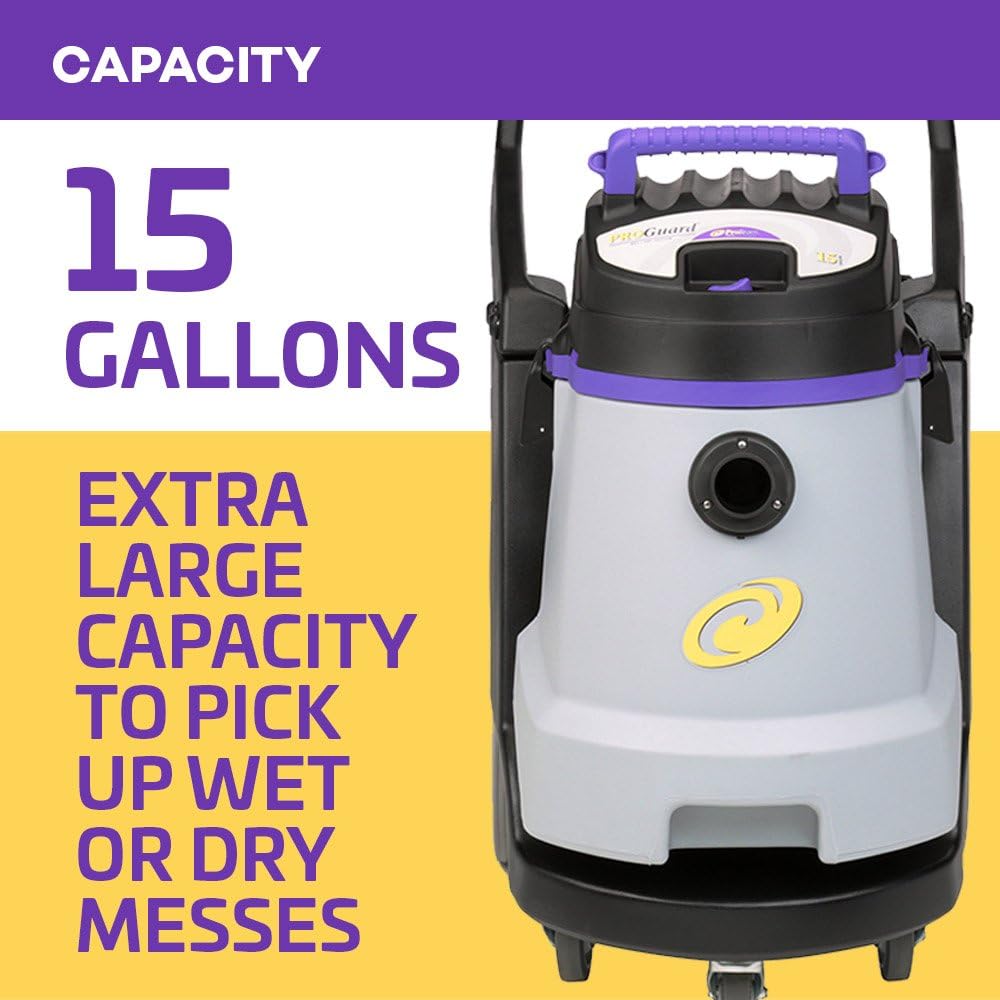 ProTeam Wet Dry Vacuums, ProGuard 15, 15-Gallon Commercial Wet Dry Vacuum Cleaner with Tool Kit and Front Mount Squeegee