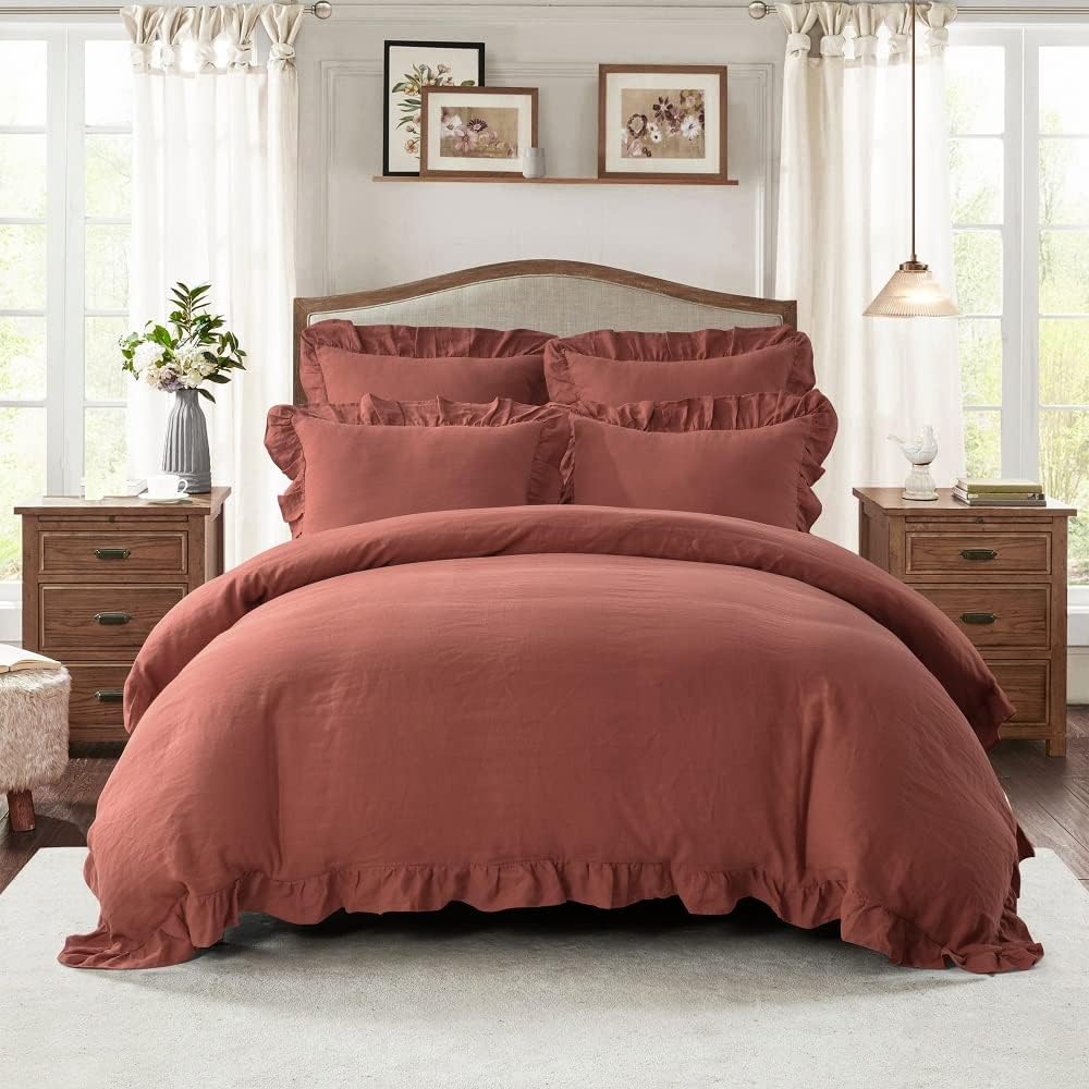 meadow park 100% Stone Washed Linen Duvet Cover Set 3 Pieces, King Size 104 inches x 92 inches, Sham 20 inches x 36 inches, Ruffled Style, Button Closure, Corner Ties, Super Soft, Cayenne Color