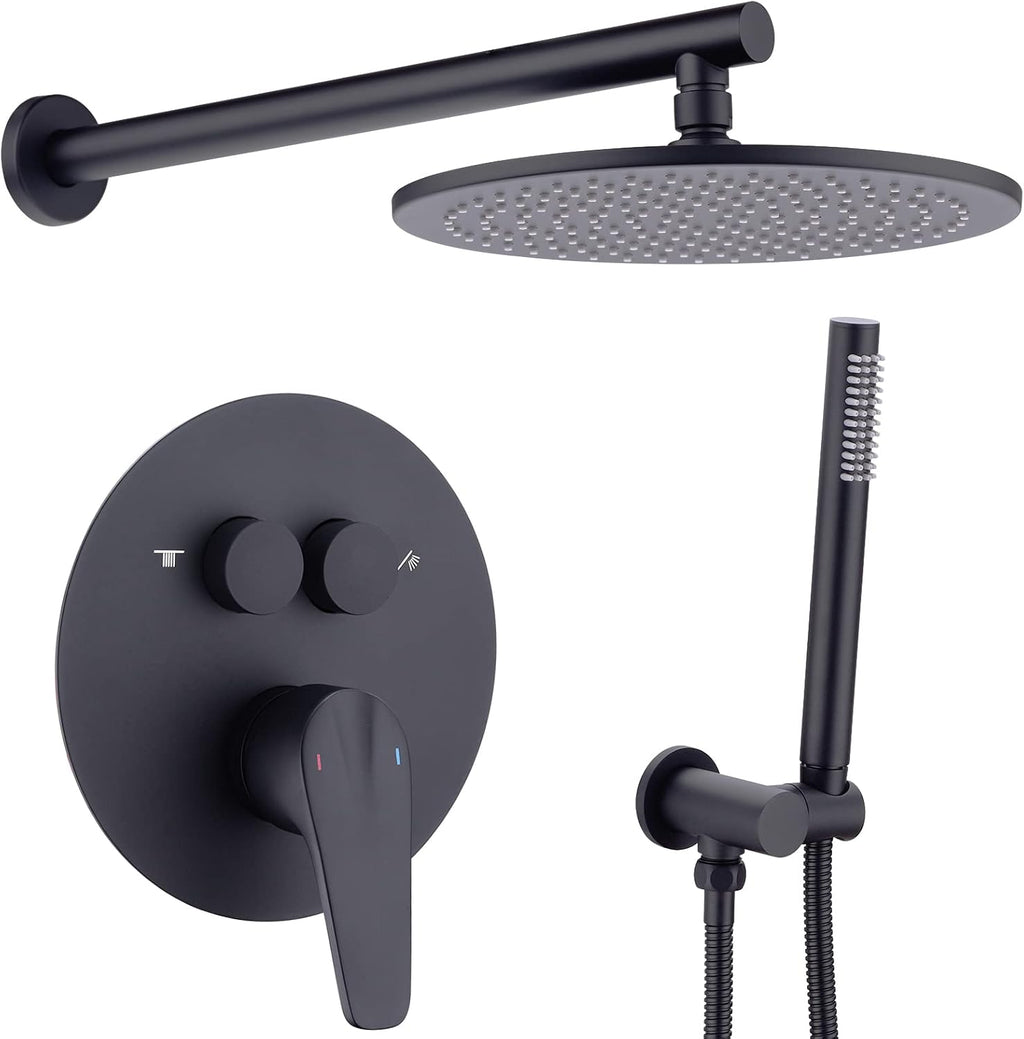 TRUSTMI 10 Inch Matte Black Shower System Push Button Diverter Wall Mounted Round Rainfall and Handheld Shower Trim Kit with Valve (Pressure Balance)