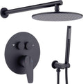 TRUSTMI 10 Inch Matte Black Shower System Push Button Diverter Wall Mounted Round Rainfall and Handheld Shower Trim Kit with Valve (Pressure Balance)