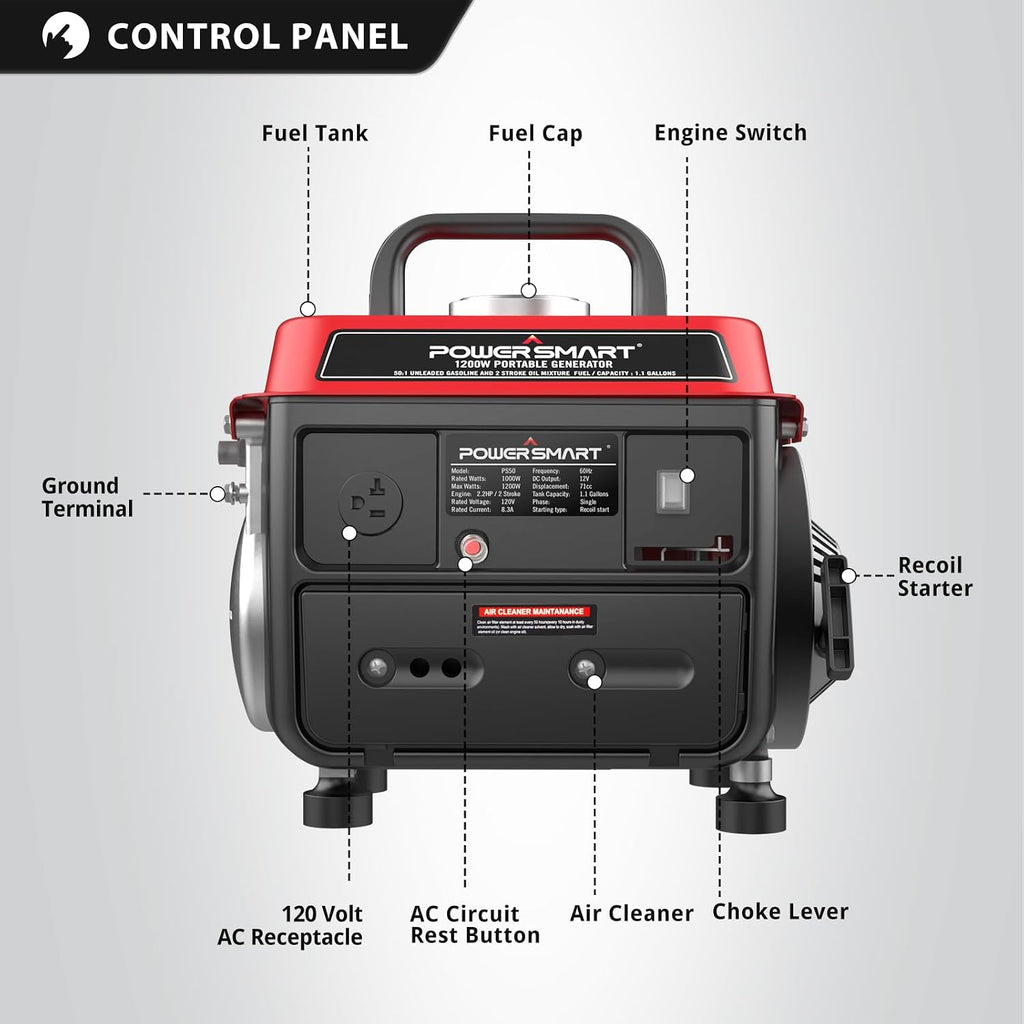 PowerSmart 1200W Portable Gasoline Generator, 71cc 2-Stroke Gas Powered Engine with 900W Rated Power, 50:1 Fuel Mix, 5-Hour Runtime at 50% Load, EPA Compliant for Camping, Tailgating
