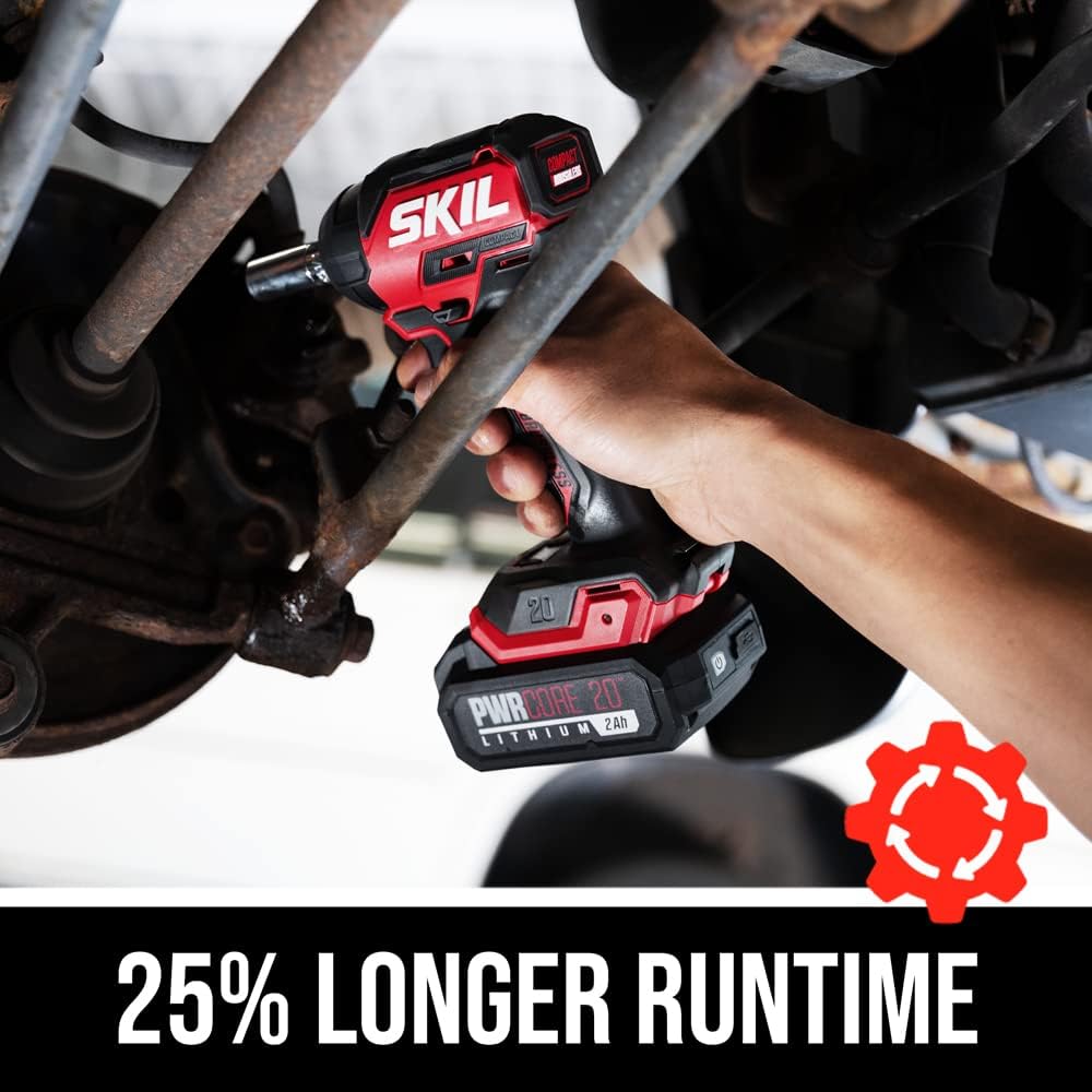 SKIL PWR CORE 20 Brushless 20V 3/8-Inch Compact Impact Wrench Kit with 3-Speed & Halo Light, Includes 2.0Ah Battery and PWR Jump Charger - IW6739B-10