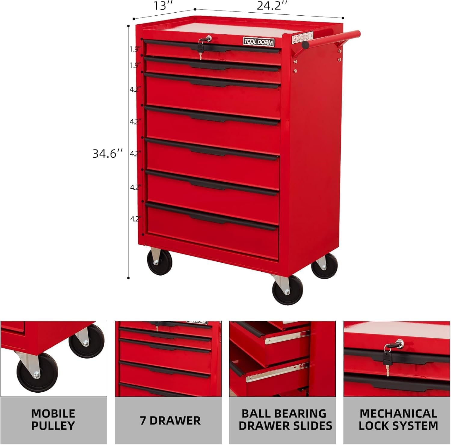 7-Drawer Rolling Tool Chest with Locking Wheels & Drawers, 13' D x 24.2' W x 34.6' H Mobile Tool Storage Cabinet, Heavy-Duty Garage Organizer w/Ergonomic Handle