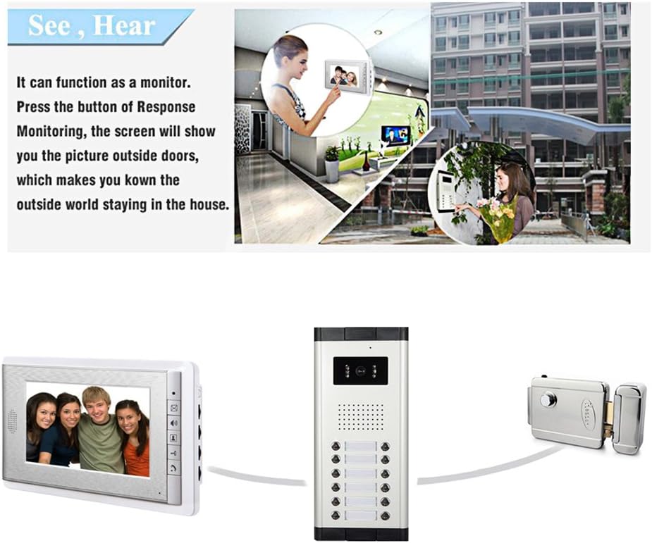 6 Units Apartment Video Intercom System, 7 inch Monitor Wired Video Door Phone Kit, Indoor Outdoor Video Doorbell, ID Keyfobs Unlock, 2 Way Audio, 6-Screen for Home Apartment