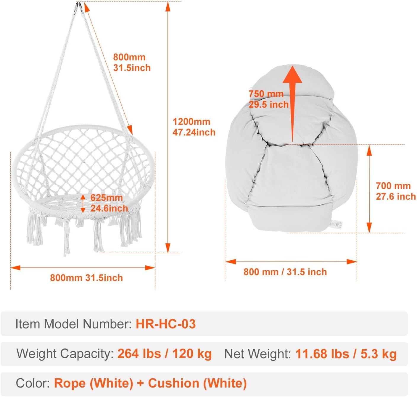 Happybuy Hanging Hammock Swing Chair, Cotton Rope with Cushion and Mounting Hardware, Macramé for Bedroom, Balcony, Patio, Garden, 264 lbs Capacity, White