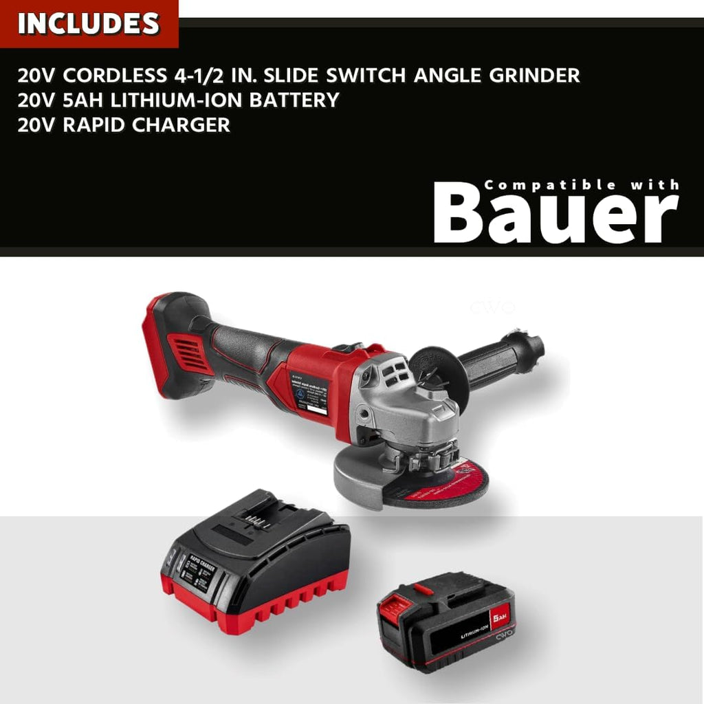 NEW! 20-Volt Lithium-Ion Cordless Combo Kit (Complete Power Tool Bundle) with 20V Cordless 4-1/2 in. Slide Switch Angle Grinder, 20V 5Ah Battery & 20V Rapid Charger - Fits All BAUER 20 Volt Tools