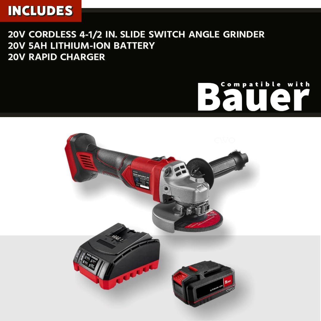 NEW! 20-Volt Lithium-Ion Cordless Combo Kit (Complete Power Tool Bundle) with 20V Cordless 4-1/2 in. Slide Switch Angle Grinder, 20V 5Ah Battery & 20V Rapid Charger - Fits All BAUER 20 Volt Tools