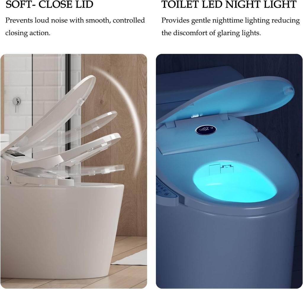 XCQQ Bidet Toilet Seat, Bidet Seat With Warm Water Wash, Heated Seat, Air Dryer, Soft Close Lid, Night Light, Self Cleaning Nozzle, LED Display, Requires Outlet - Round