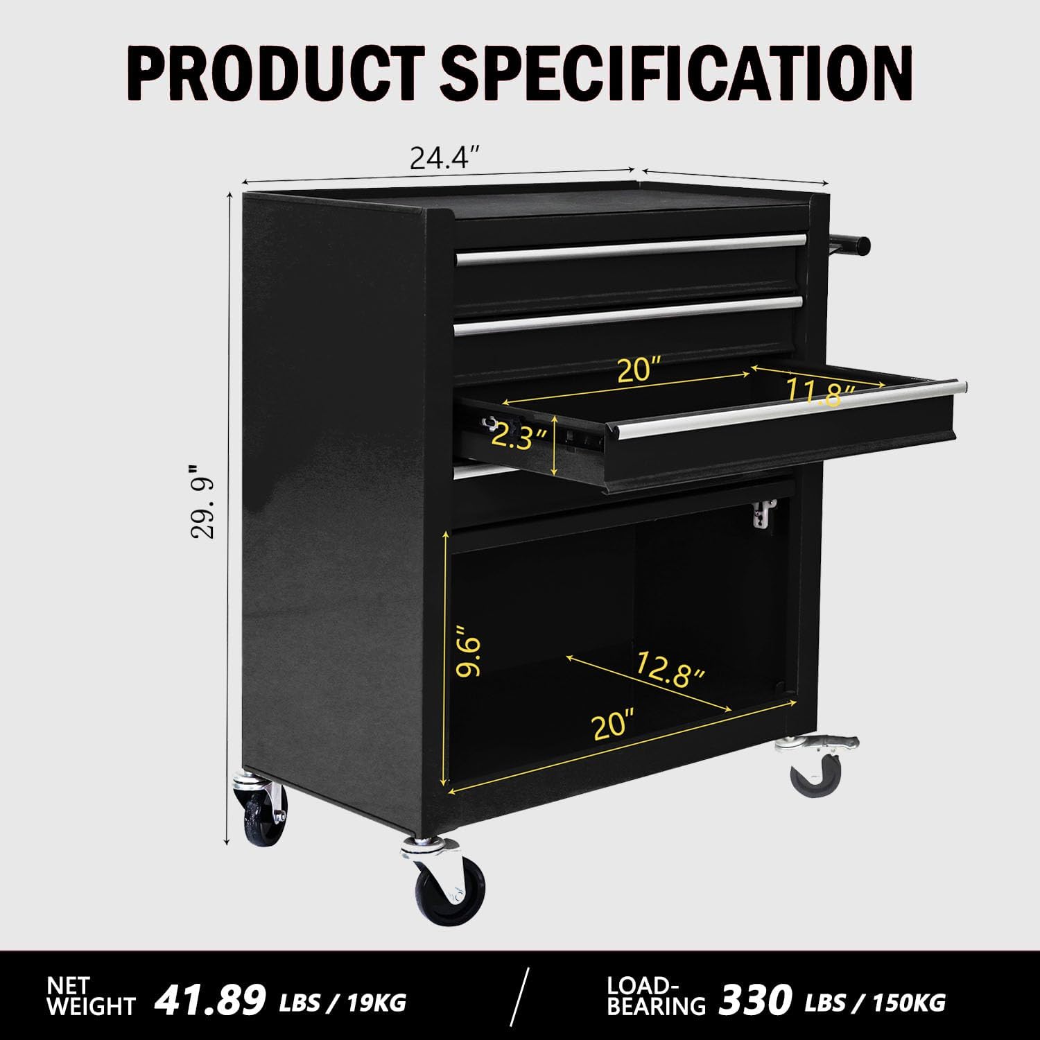 4-Drawer Tool Cart on Wheels, Drawers Rolling Tool Chest with 1 Cabinet, Mobile Trolley Organizer Tools Box with Locking Wheels & Ball Bearing Drawers for Garage,Warehouse,Repair Shop (Black)