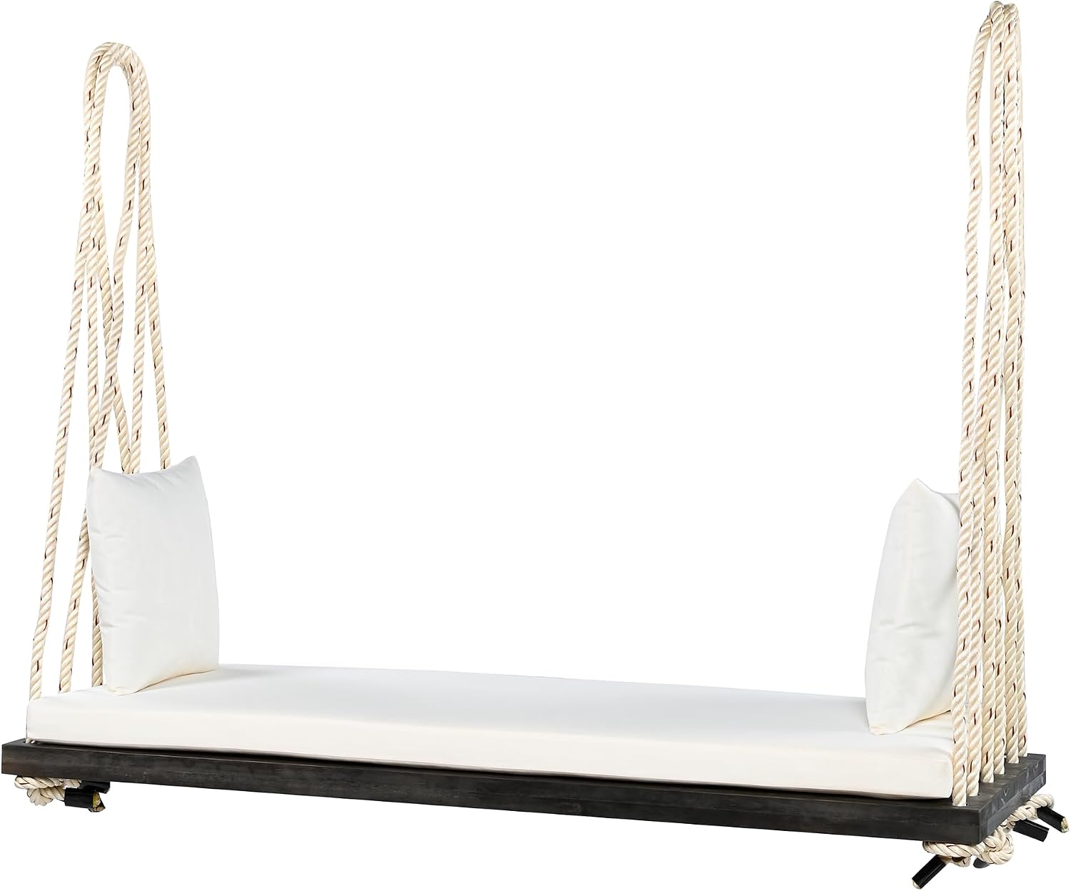 Merax Outdoor Patio Wooden Swing Chair, 2-Seat Hanging Porch Hammock Bench with Cushion & Pillows, 10.8Ft Hemp Ropes for Garden, Backyard, Lawn, Brown