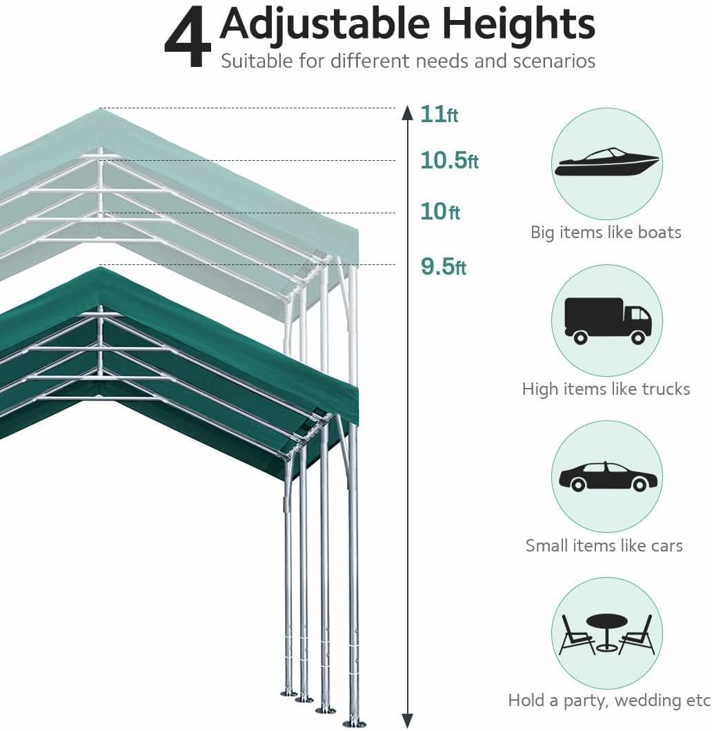 ADVANCE OUTDOOR 12x20 ft Canopy Garage Heavy Duty Carport Car Boat Shelter Party Tent, Adjustable Peak Height from 9.5ft to 11ft, Green