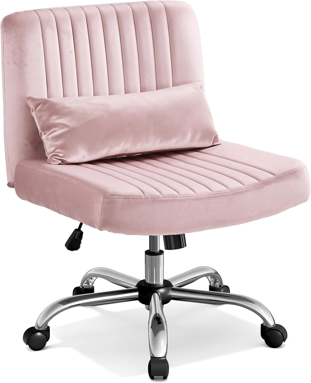 Velvet Criss Cross Chair with Wheels, Luxury Cross Legged Office Chair, Comfy Desk Chair for Home Office, Wide Seat Computer Chair, Armless Vanity Chair, Birthday Gift for Girls & Women, Blush Pink