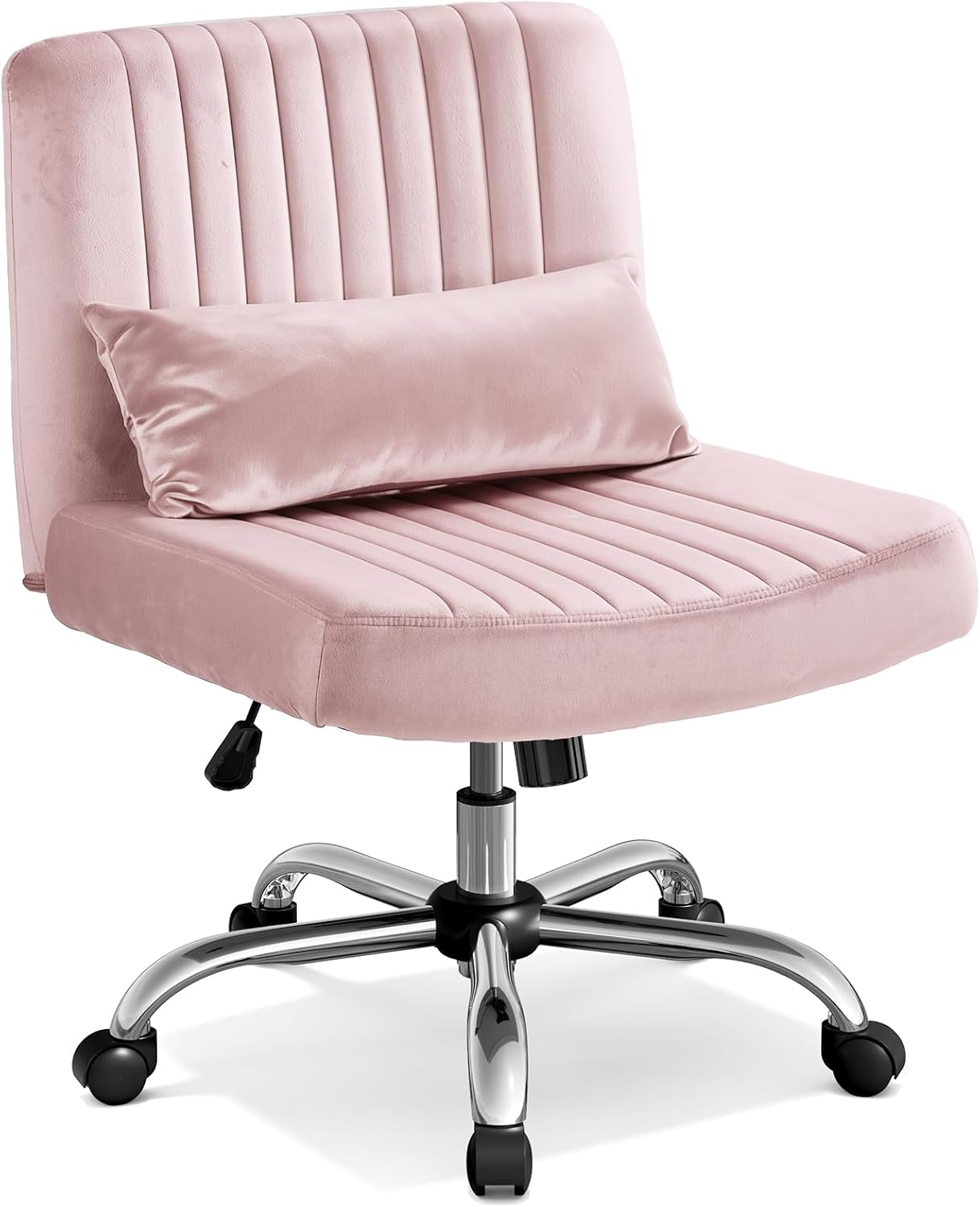 Velvet Criss Cross Chair with Wheels, Luxury Cross Legged Office Chair, Comfy Desk Chair for Home Office, Wide Seat Computer Chair, Armless Vanity Chair, Birthday Gift for Girls & Women, Blush Pink
