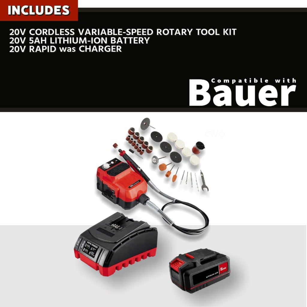 NEW! 20-Volt Lithium-Ion Cordless Combo Kit (Complete Power Tool Bundle) 20V Variable-Speed Rotary Tool Kit, 36-Piece, 5Ah Lithium Ion Battery & Rapid Charger - Fits All BAUER 20V Tools