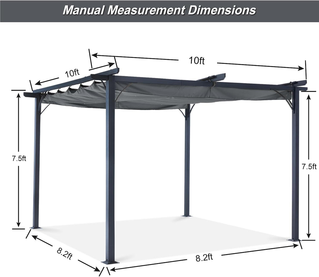 Patio Pergola with Retractable Shade - ABCCANOPY 10x10 Outdoor Retractable Pergola with Sun Shade Aluminum Shelter for Garden, Deck, Lawn, Porch & Backyard (Dark Gray)