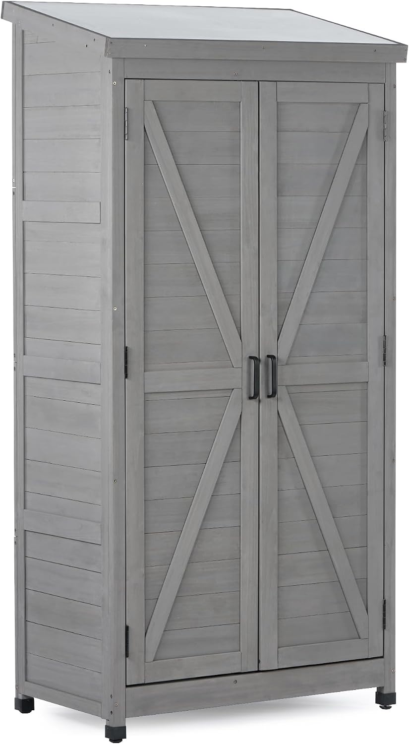 Outdoor Storage Shed Waterproof, Potting Shed with Storage Cabinet and Metal Table Top for Backyard Garden Patio, Outdoor 68 Inches Wood Tall Shed
