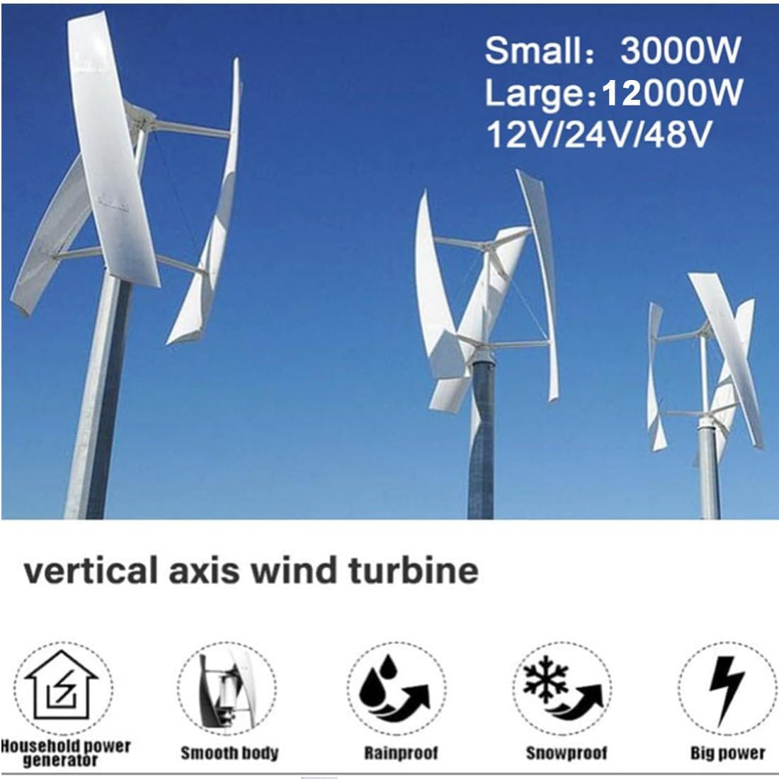 3000W/8000W Vertical Wind Turbine Generator Kit, 12V/24V/48V 3 Blades Helical Magnetic Levitation Shaft Vertical Wind Turbine with MPPT Controller, Suitable for Home Factory Use 220V-3000W