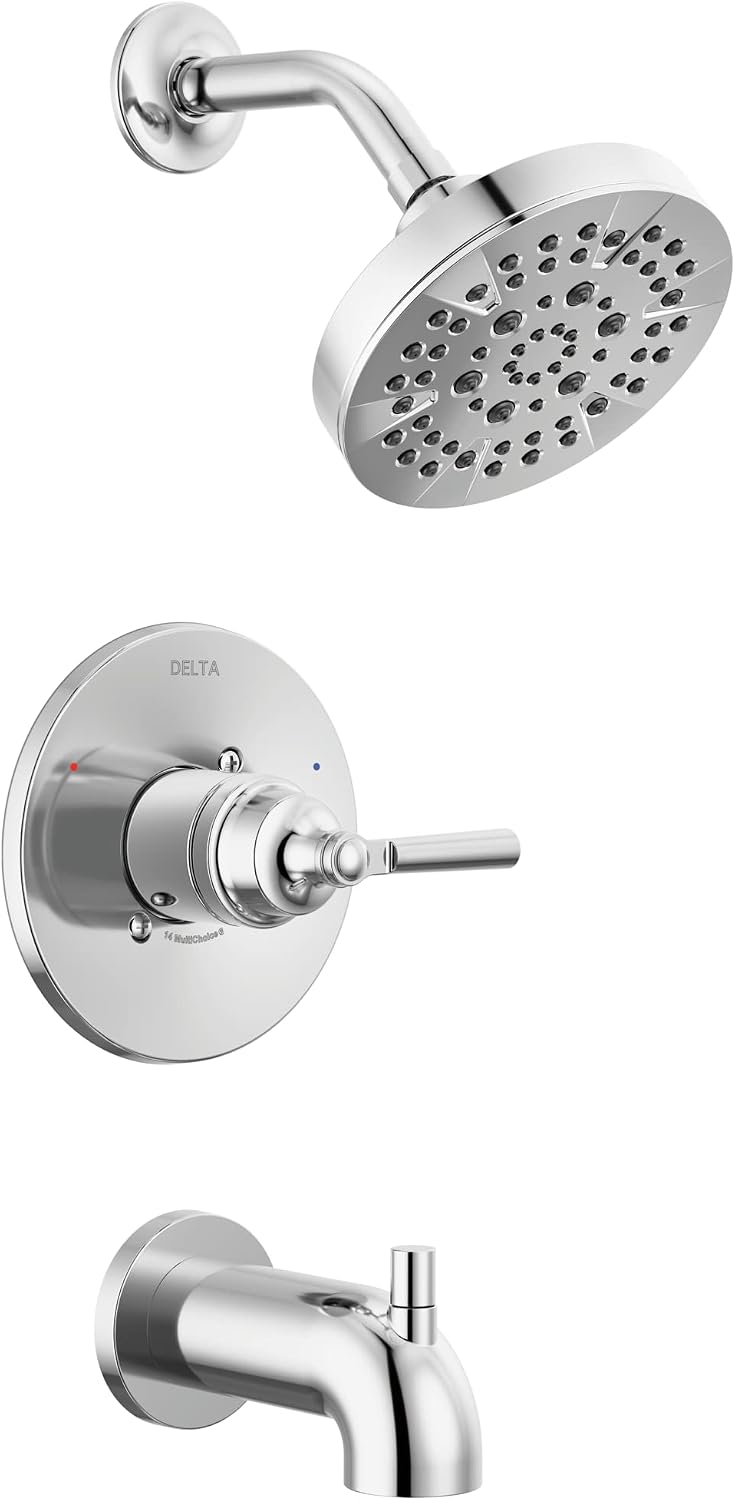 Delta Faucet Saylor 14 Series Chrome Tub and Shower Faucet Combo, Bathtub and Shower Trim System, Shower Trim Kit, Bathtub Faucet Set, Shower Tub Faucet, Chrome T14435 (Valve Not Included)