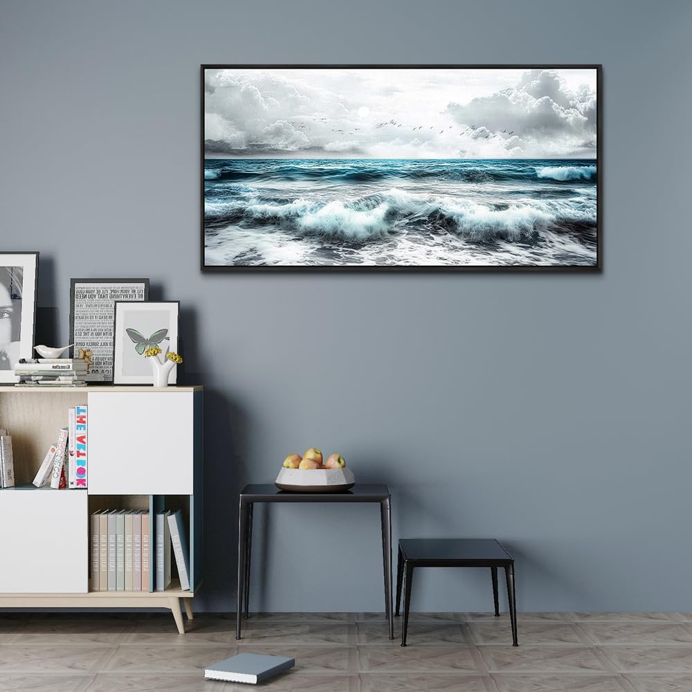 ERQINHUA Black And White Beach Canvas Wall Art For Living Room Wall Decoration For Bedroom Office Wall Decor Blue Sea Wave Printing Pictures Artwork Home Decor Painting Black Framed 24x48 In