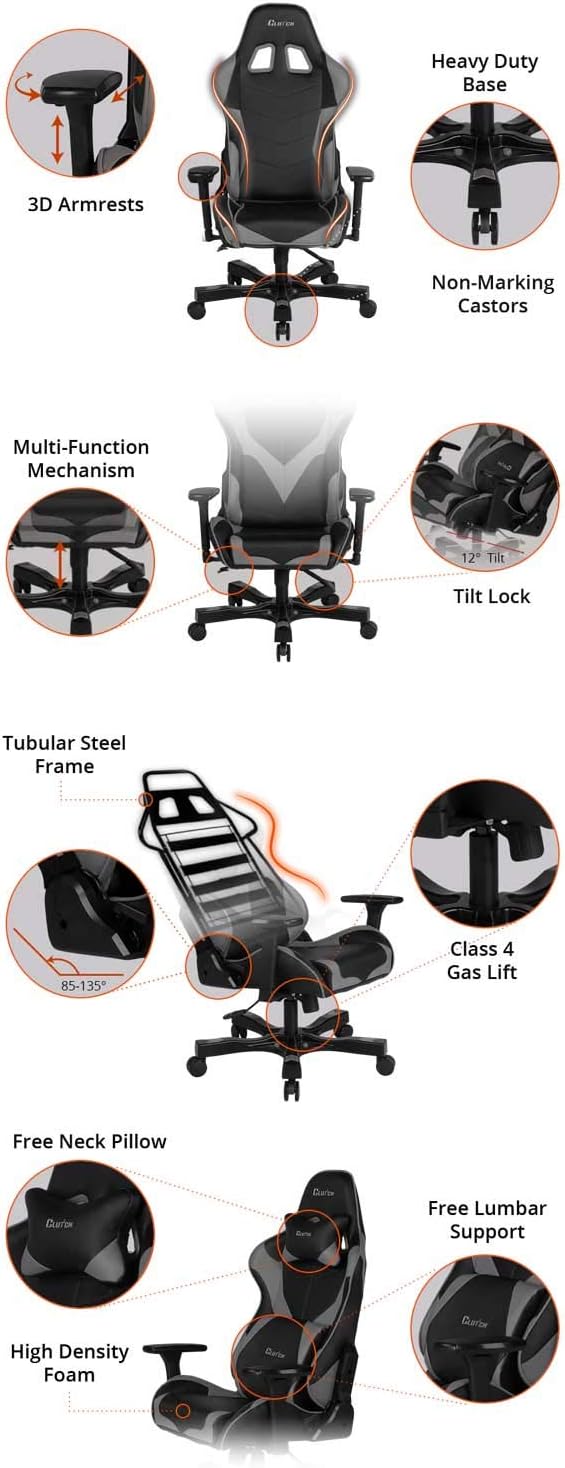 Clutch Chairz Pewdiepie Chair LED 100M- Ergonomic Gaming Chair, Video Game Chairs, Office Chair, High Chair and Lumbar Pillow for Computer Desk - Black - Throttle Series