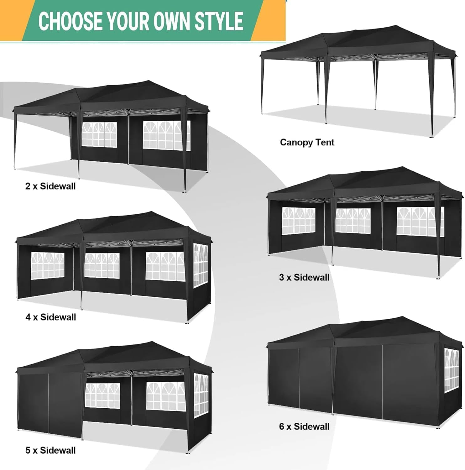 COBIZI 10x20 Pop Up Canopy Tent Commercial Instant Shelter with 6 Sidewalls, Durable Waterproof Portable Gazebo UPF 50+ for Outdoor Party, Wedding, Vendor Events (Black)