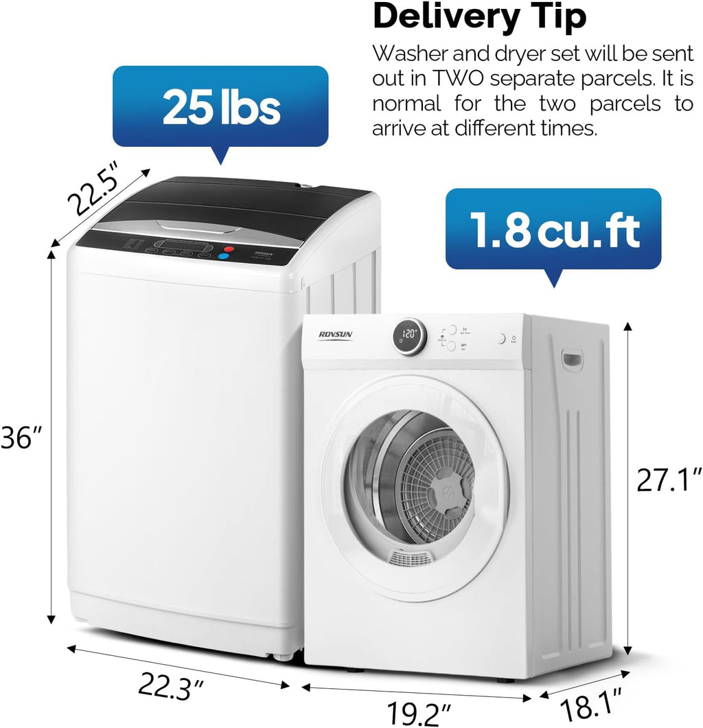 ROVSUN 1.8CuFt Portable Clothes Dryer and 25LBS Full-Automatic Washing Machine Set, Compact Laundry Washer and Dryer Combo Set with Stainless Steel Inner Tub, for Apartment, Dorms, Home