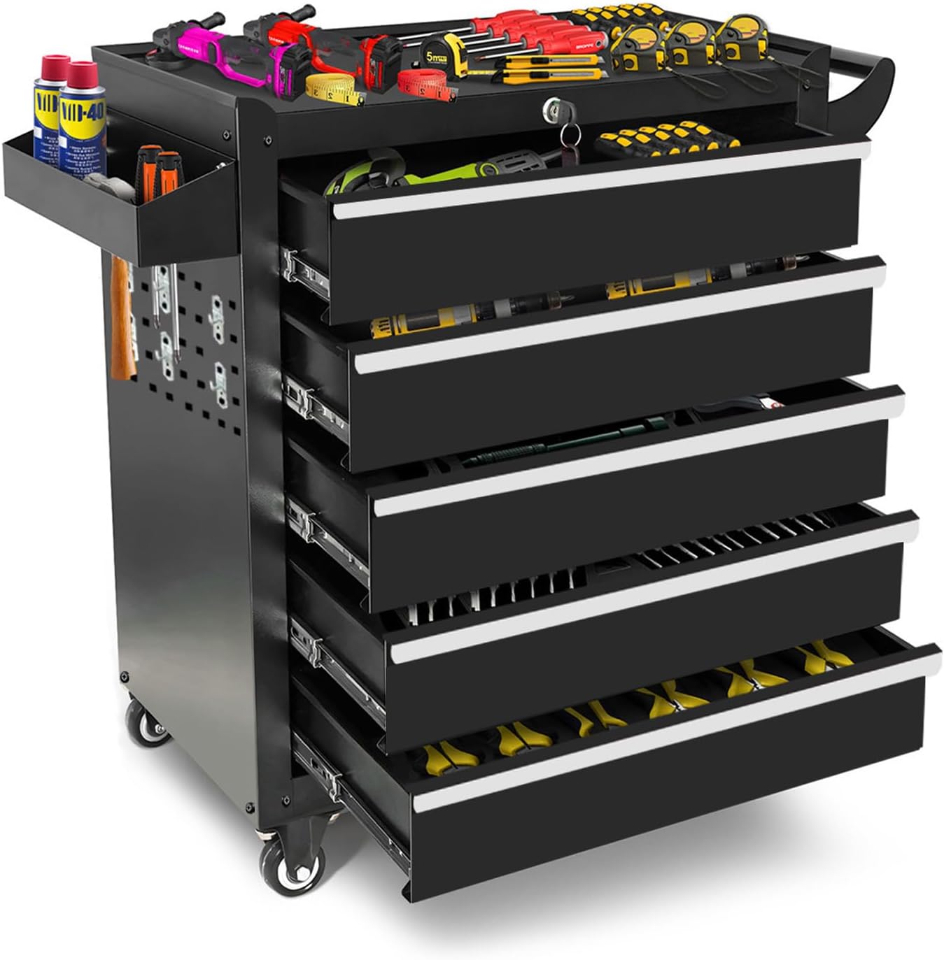Rolling Tool Chest with Wheels, 5 Drawers Tool Storage Cabinet, Portable Metal Tool Box Organizer with Lock, Tool Cart on Wheels Toolbox Workbench for Garage, Workshop, Warehouse(Required Assembly)
