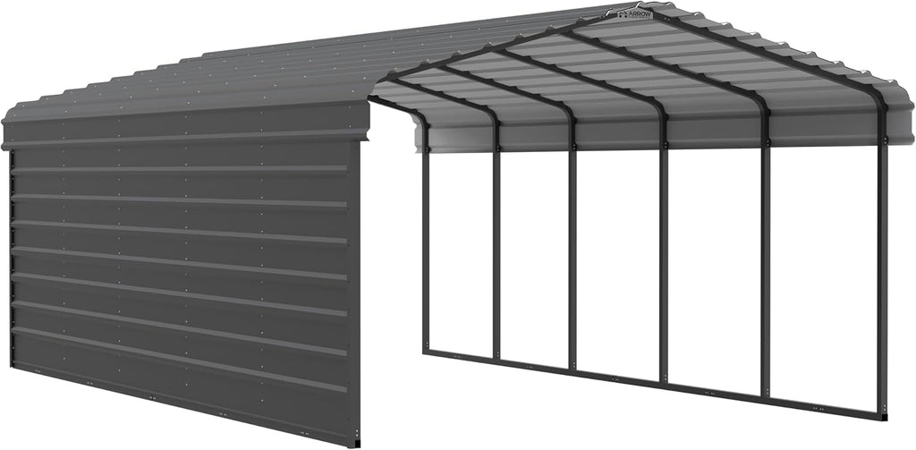 Arrow Carports Galvanized Steel Carport, with 1-Sided Enclosure, Compact Car Metal Carport Kit, 12' x 24' x 7', Charcoal
