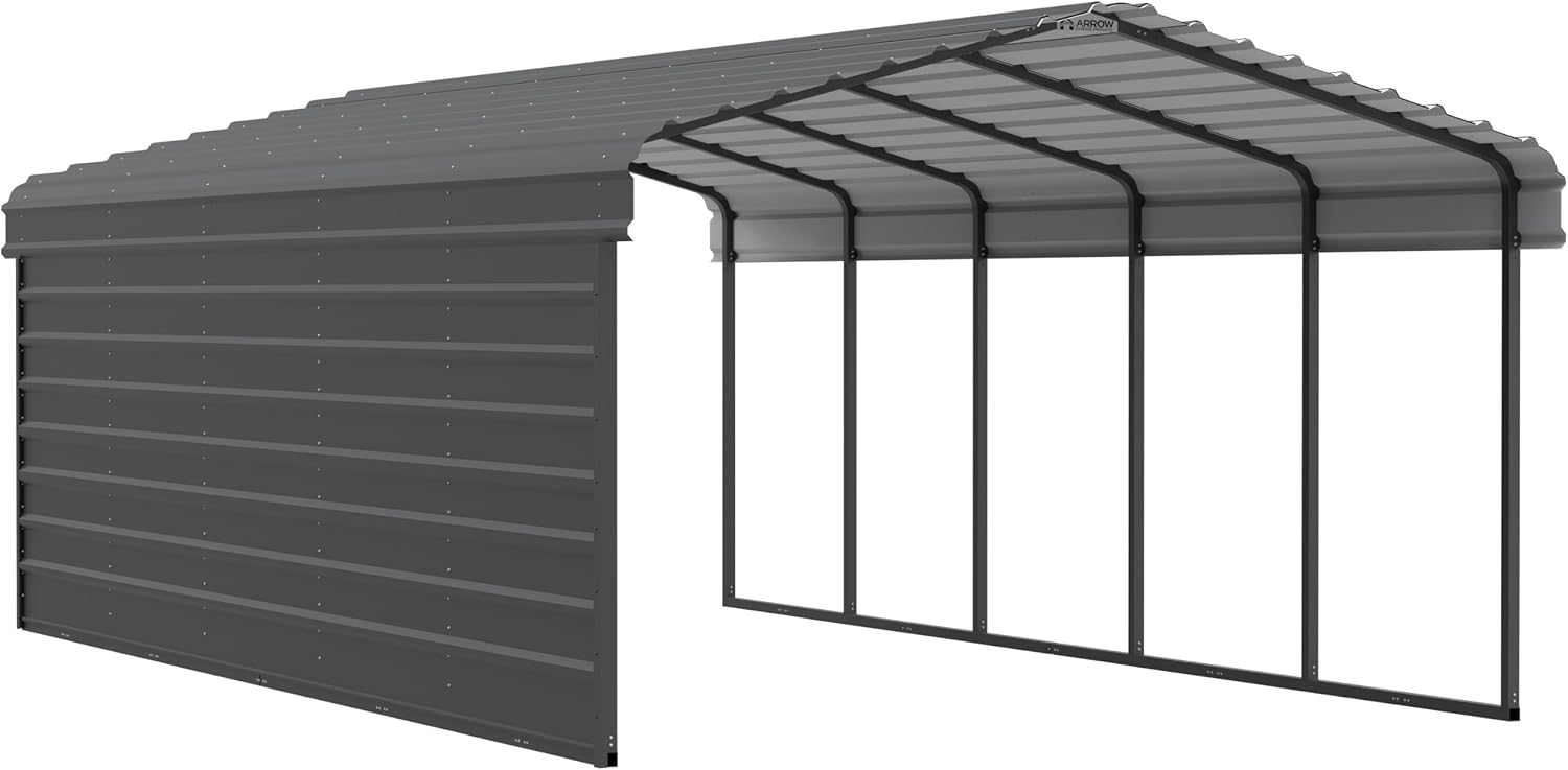 Arrow Carports Galvanized Steel Carport, with 1-Sided Enclosure, Compact Car Metal Carport Kit, 12' x 24' x 7', Charcoal