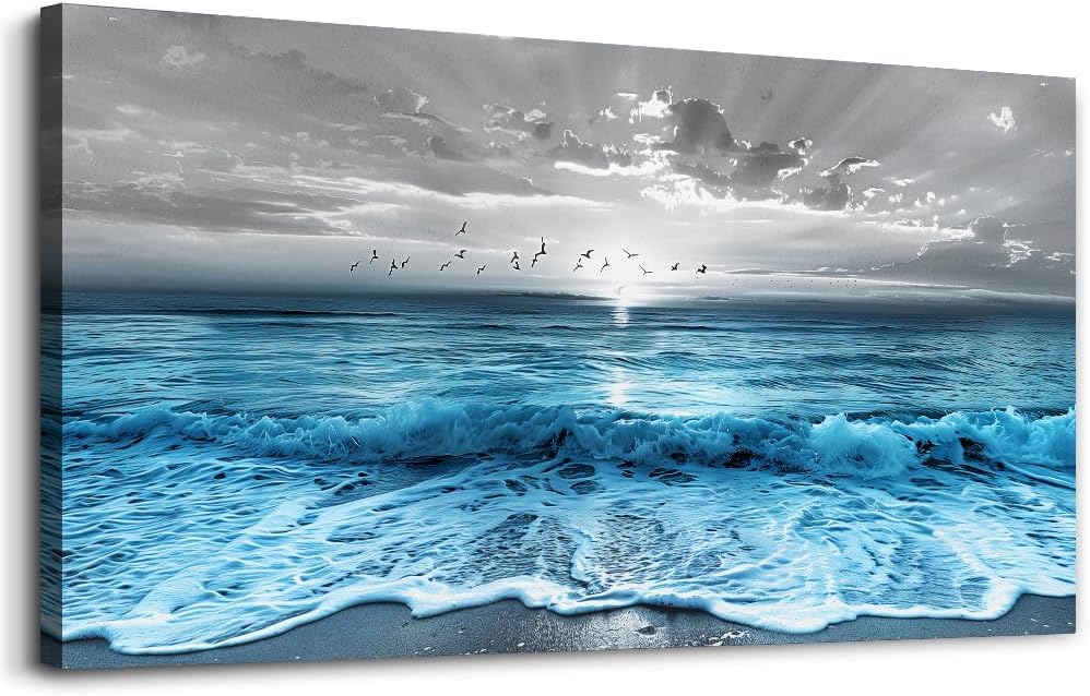 ERQINHUA Large Canvas Printed Artworks Mural Wall Decor For Living Room Wall Art For Bedroom Office Restaurant Decoration Blue Sea Wave Ocean Paintings Beach Wall Pictures Modern Home Decor 30'X60'
