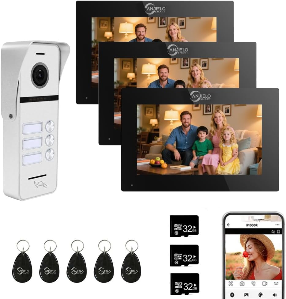 Wired Video Doorbell Intercom System 3 Unit 7 Inch Monitor Door Phone Kit 1080P Camera Night Vision,Support Remote Unlock Door Release,Snapshot for Home Vally Apartment (1 doorbell(w)+3 minitor(b))