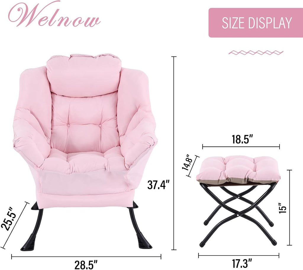 Welnow Pink Lazy Chair with Ottoman, Modern Reading Accent Chair with Armrests and a Side Pocket, Leisure Upholstered Lazy Sofa Set with Footrest for Small Space