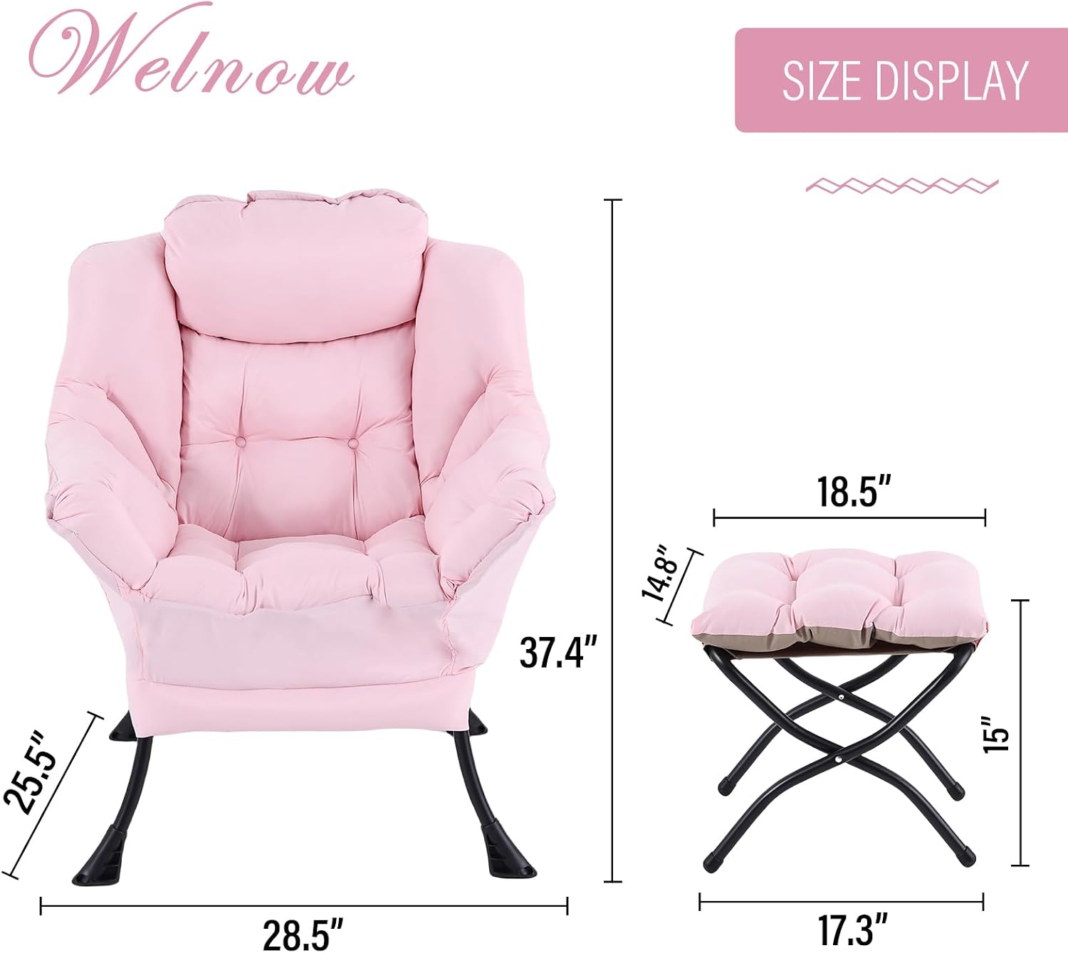 Welnow Pink Lazy Chair with Ottoman, Modern Reading Accent Chair with Armrests and a Side Pocket, Leisure Upholstered Lazy Sofa Set with Footrest for Small Space