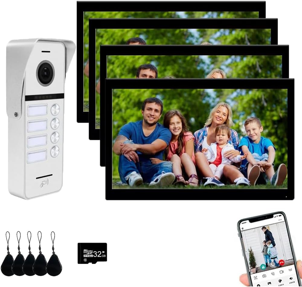 Wired Apartment Video Doorbell Intercom System,4 Units Touch Screen WiFi Monitor,Wireless Video Door Phone Kit,Indoor Outdoor Support Monitoring,Unlocking for Home Vally (10 inch Black Monitor)