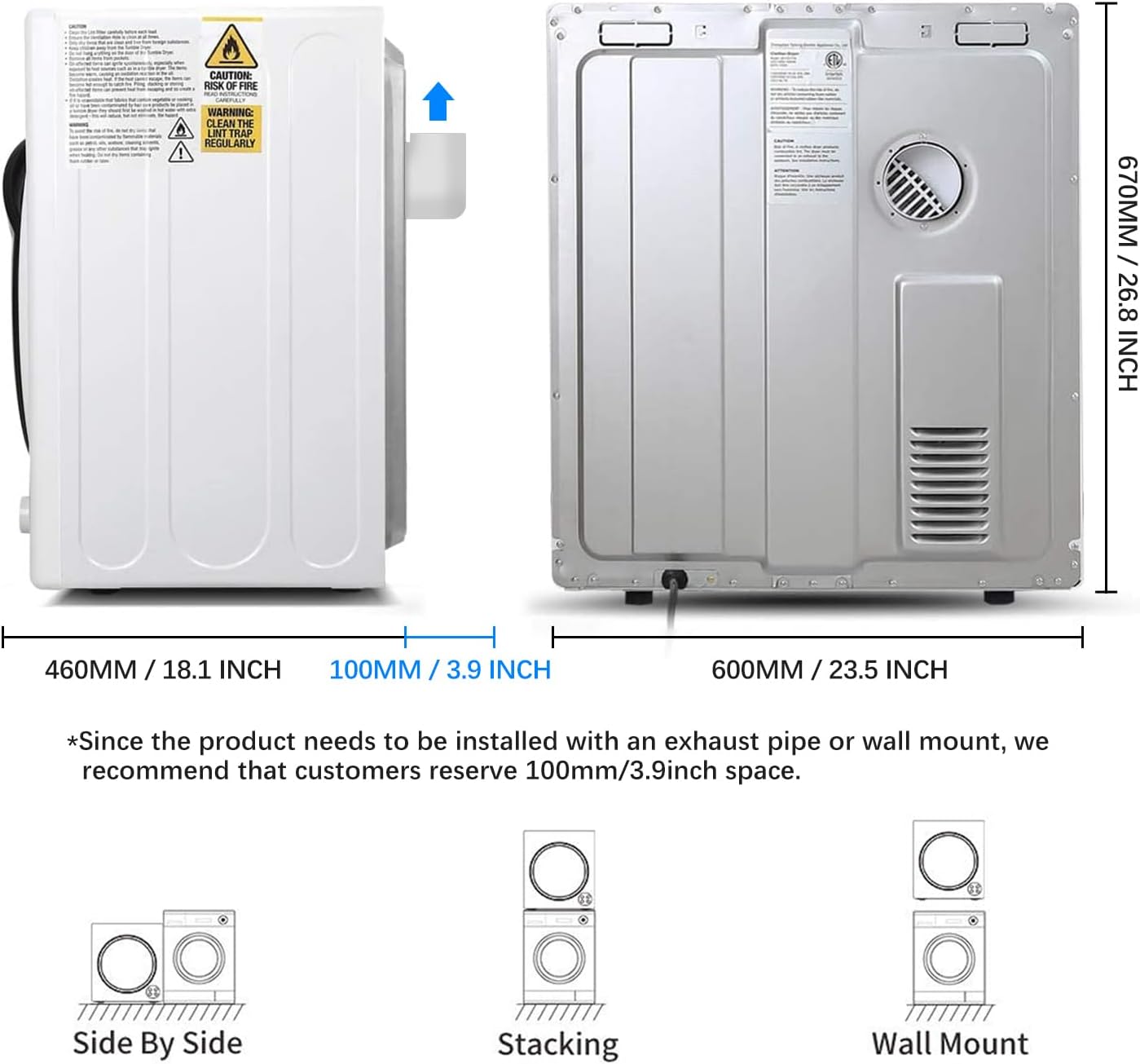 CTT Portable Dryers for Laundry 1500W, 3.5 Cu.ft Portable Clothes Dryer with 4 Dring Mode, Front Load Clothes Dryer Machine for Home, Apartment,Auto-shutt off,White