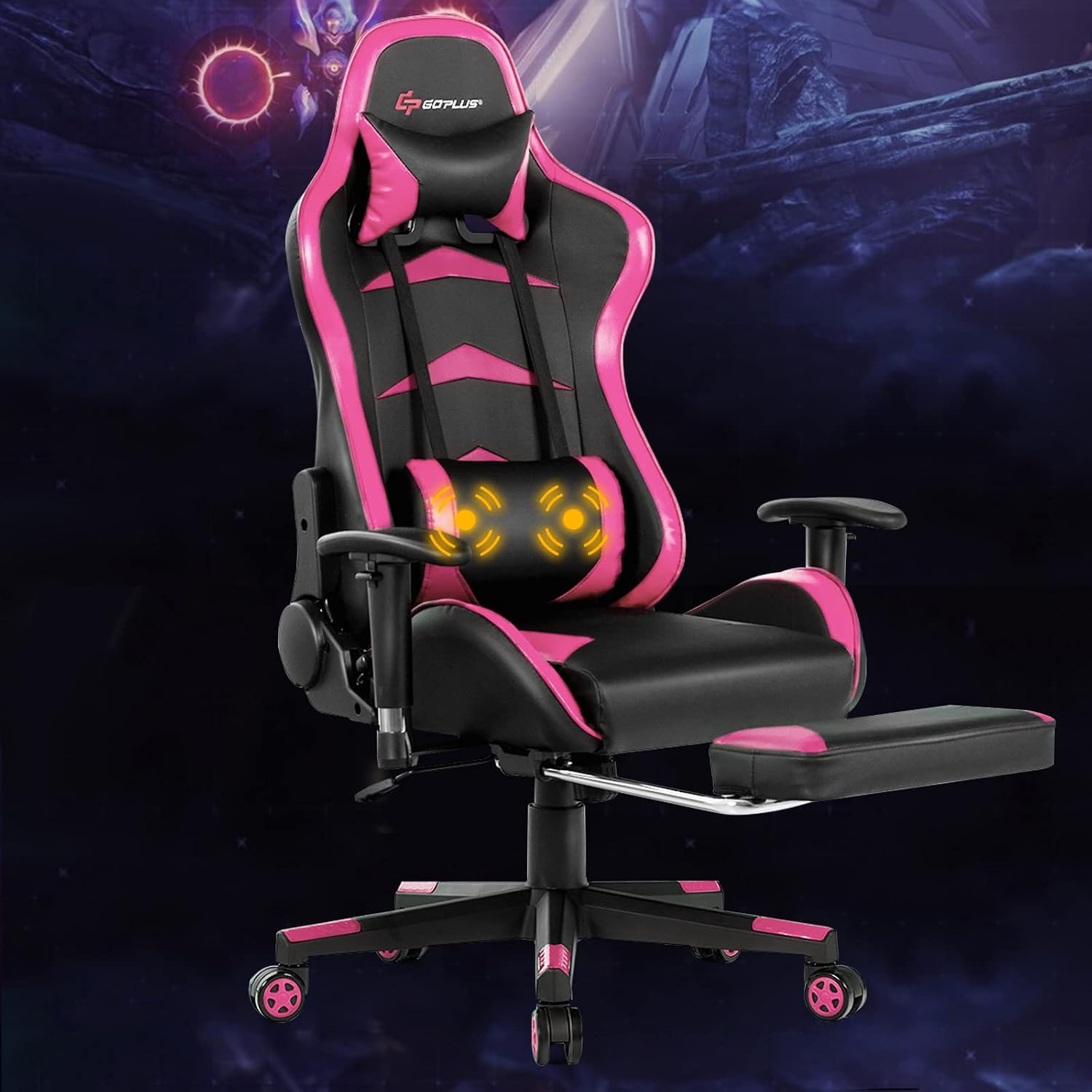 GORELAX Massage Gaming Chair, Reclining Computer Chair w/Lumbar Support, Adjustable Arms, Footrest, High Back Racing Style Ergonomic Home Office Chair for Heavy People (Pink)