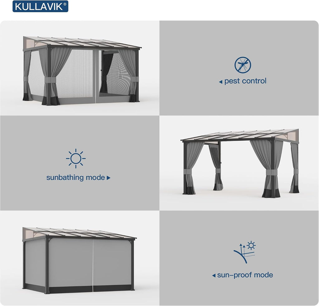 Kullavik 10' × 12' Hardtop Gazebo for Patio,Wall-Mounted Lean to Gazebo Pergola with Sloping Roof and Durable Aluminum Frame,Large Heavy Duty Awnings for Decks,Backyard,Grey