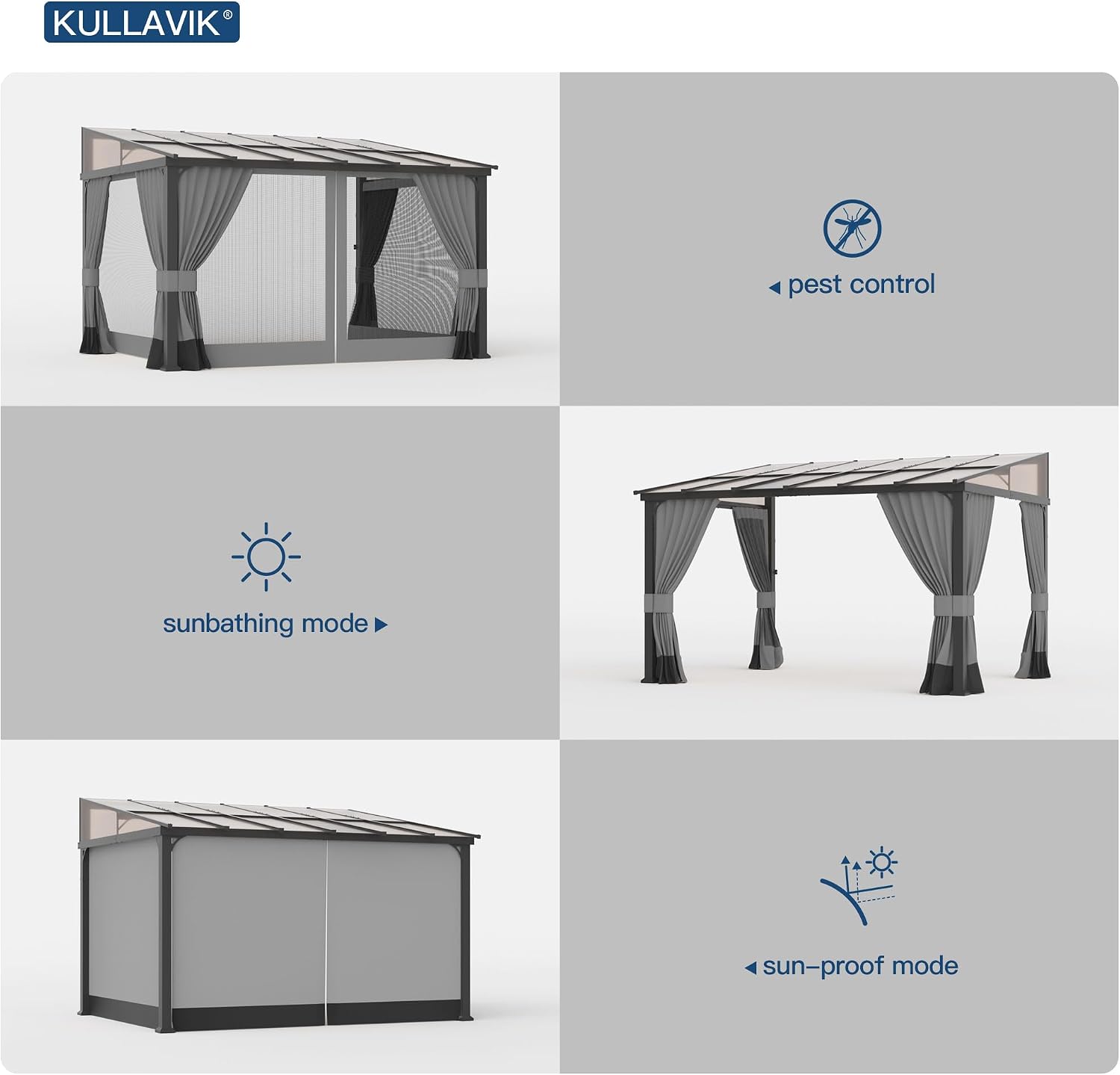 Kullavik 10' × 12' Hardtop Gazebo for Patio,Wall-Mounted Lean to Gazebo Pergola with Sloping Roof and Durable Aluminum Frame,Large Heavy Duty Awnings for Decks,Backyard,Grey