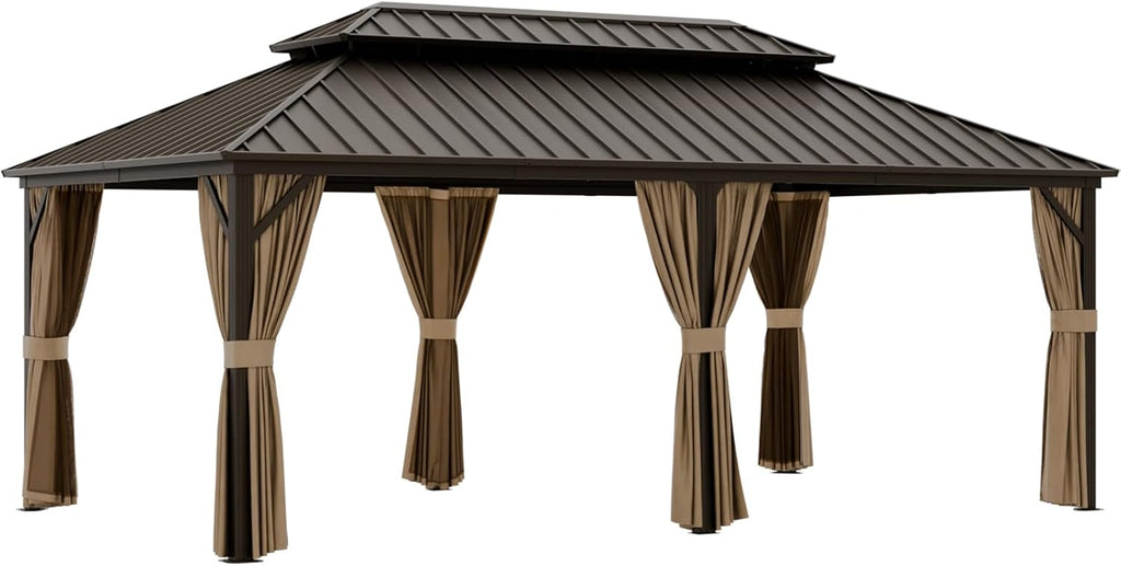 EAGLE PEAK 12x20 Hardtop Gazebo, Galvanized Steel Double Roof with Aluminum Frame, Outdoor Pavilion with Netting and Curtains for Patio, Deck, Lawn and Garden, Dark Brown/Tan