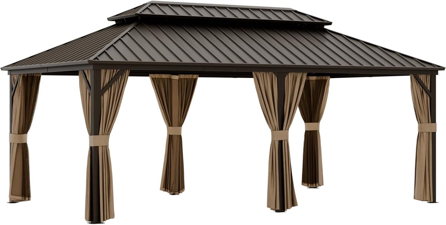 EAGLE PEAK 12x20 Hardtop Gazebo, Galvanized Steel Double Roof with Aluminum Frame, Outdoor Pavilion with Netting and Curtains for Patio, Deck, Lawn and Garden, Dark Brown/Tan
