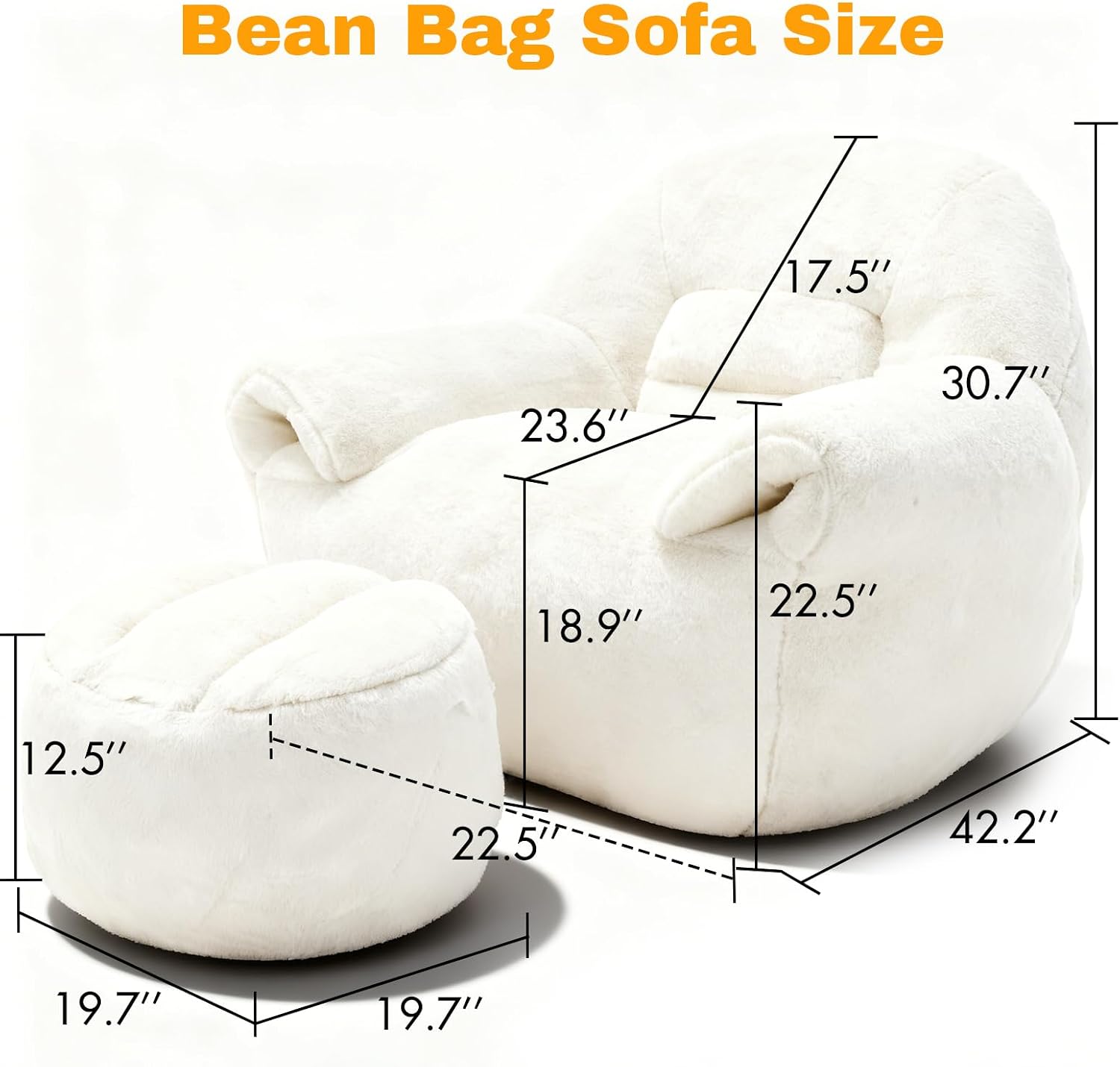 Large Bean Bag Chair with Ottoman, Giant Faux Fur Adult Bean Bag Sofa with Footrest, Ergonomic Lounge Couch for Bedroom, Living Room, Large Comfy Reading Chair Gaming (White, Single, Simple)