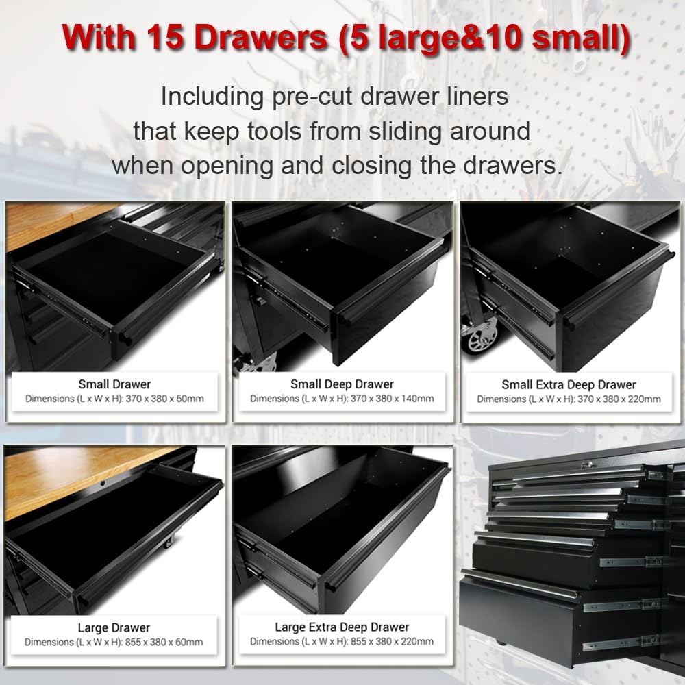 2 Pack - 72' Rolling Tool Chest with 15 Drawers + 3 Upper Cabinets, Mobile Workbench, Assembled Large Tool Box Lockable Storage Cabinet with Wheels (1 × HTC7218PC + 1 × HTC7215PC-1)