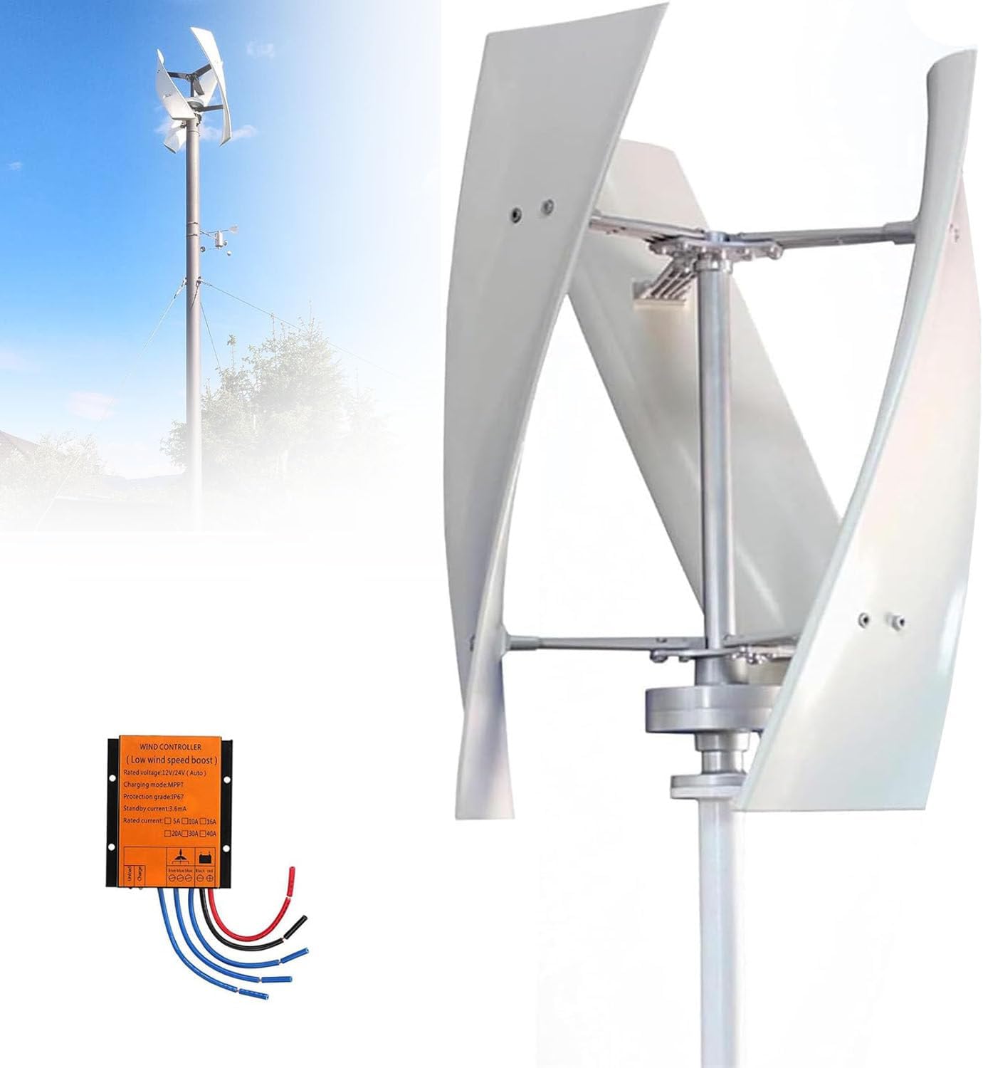 Vertical Wind Turbine Generator for Home 12V 24V 48V 220V with MPPT Low Noise, energy efficient wind power for Farm Garden for Marine,RV,Home,Windmill Generator 3000W-48V