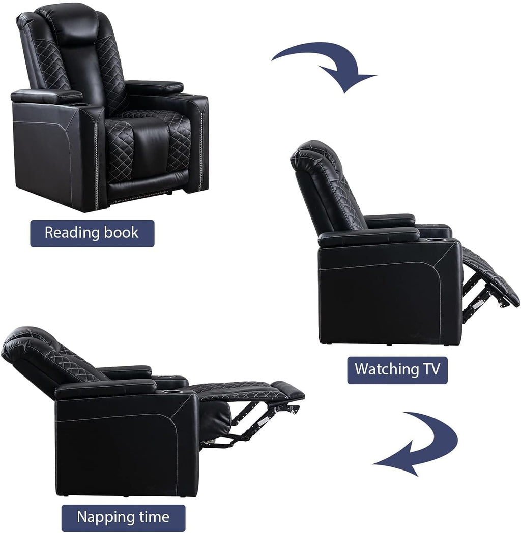 CANMOV Electric Recliner Chairs Set of 3, Breathable Faux Leather Home Theater Seating Recliner with Ambient Lighting, Power Recliner Chairs with USB Ports, Cup Holders, Hidden Arm Storage, Black