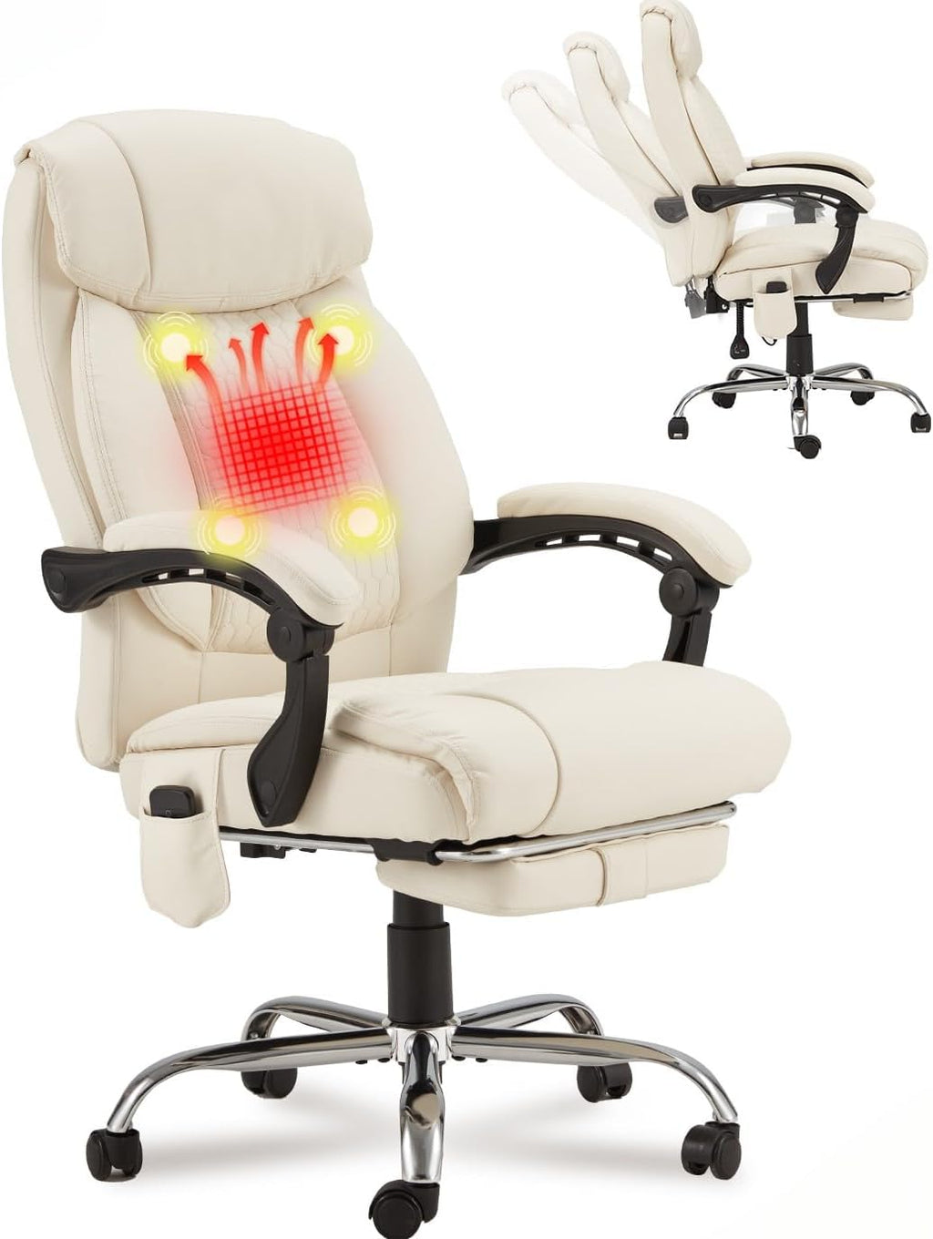 HOMREST 4-Point Massage Office Chair with Heating and Footrest, Reclining Executive Leather Desk Chair, Ergonomic Heated Managerial Chair for Home Office, Beige