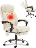 HOMREST 4-Point Massage Office Chair with Heating and Footrest, Reclining Executive Leather Desk Chair, Ergonomic Heated Managerial Chair for Home Office, Beige